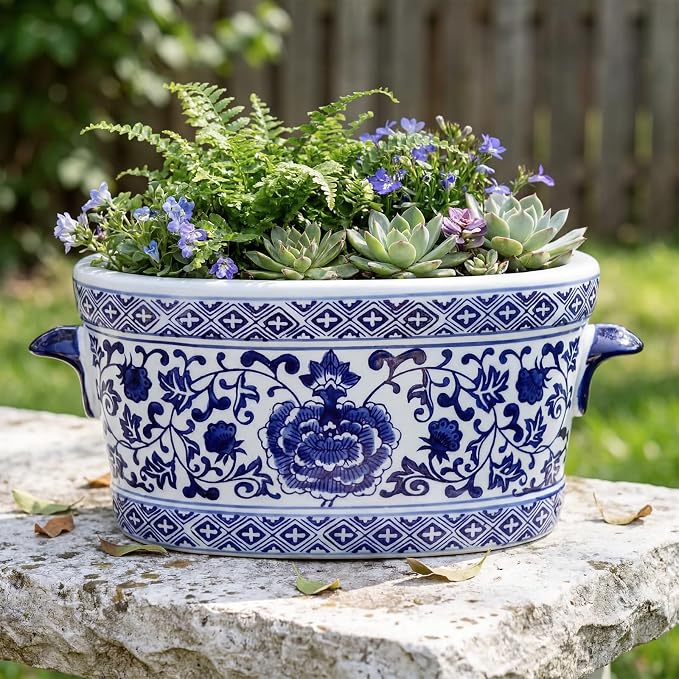 LemonRoad Blue and White Ceramic Planter Pot 14 x 7.7 x 6.1 inches Porcelain Vintage Floral Oval Cachepot Vase Chinoiserie Decor for Indoor Plants Flowers Succulents Home Living Room (Classic Style)