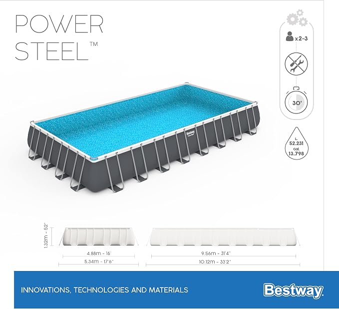 Bestway Power Steel Frame Pool Complete Set Square, with Sand Filter System, Ladder, Floor and Tarpaulin, 955x488x132 cm, Grey