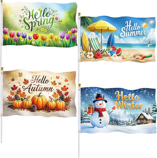 4 Pcs Garden Flag 3x5 ft Spring Summer Autumn Winter Flags – Double Sided Seasonal Banner with 2 Brass Grommets, Durable Polyester, Yard Decorations for Outdoor Parties, Photo Backdrop