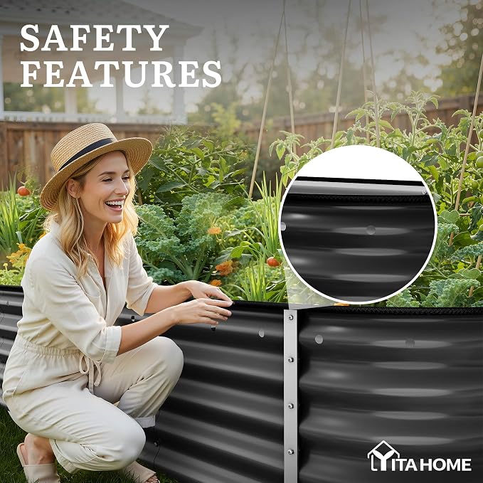 YITAHOME 8x2x1.5ft Large Raised Garden Bed Kit, 17" Tall 9 in 1 Galvanized Metal Planter Box with Gloves & Safety, Outdoor Above Ground Planters for Plants Vegetables Flowers, Black