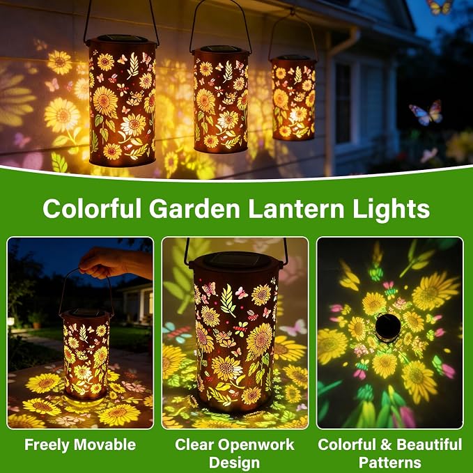 2 Pack Upgraded Colorful Sunflower Solar Lanterns Outdoor Waterproof, Decorative Metal Hanging Solar Lantern for Patio Porch Courtyard Tabletop Pathway Garden Decor, Ideal Gifts for Mom Wife Grandma