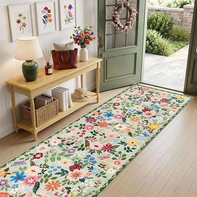 PLHXFR 3x10 Washable Runner Rug：Floral Indoor Kitchen Soft Carpet Green | For Hallway Bedroom Kitchen Laundry Bathroom Dorm,Vintage Floral,Machine washable,Non Slip,Stain Resistant,Indoor Floor