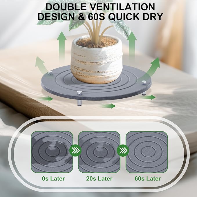2Pcs 14 Inch Plant Saucers for Indoors, Instant Dry Diatomaceous Earth Plant Saucer, Plant Trays for Pots with Stainless Steel Feet, Plant Water Catcher Tray, Gray