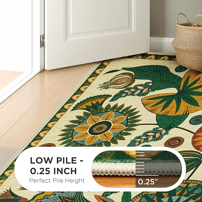 Joydeco Egypt Floral Washable 2x6 Rug Runners for Hallways Entryway Kitchen | Boho Botanical Colorful Non Slip Stain Resistant Low Pile Flower Indoor Carpet Runner for Entry Laundry Room Bathroom, Beige