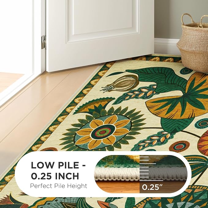 Joydeco Egypt Floral Washable 2.6x8 Runner Rug for Hallway Entryway Kitchen | Boho Botanical Colorful Non Slip Stain Resistant Low Pile Flower Indoor Carpet Runner for Entry Laundry Room Bathroom, Beige