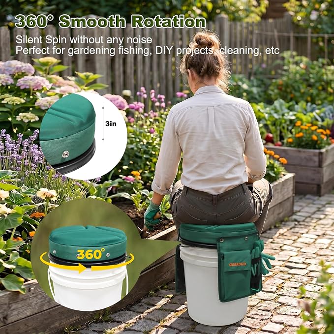 5 Gallon Swivel Bucket Seat Lid with Tool Organizer Bag, 360° Silent Rotating Padded Cushion (3" Thick), Waterproof Bucket Cover Stool for Gardening, Fishing, Hunting, Car Wash