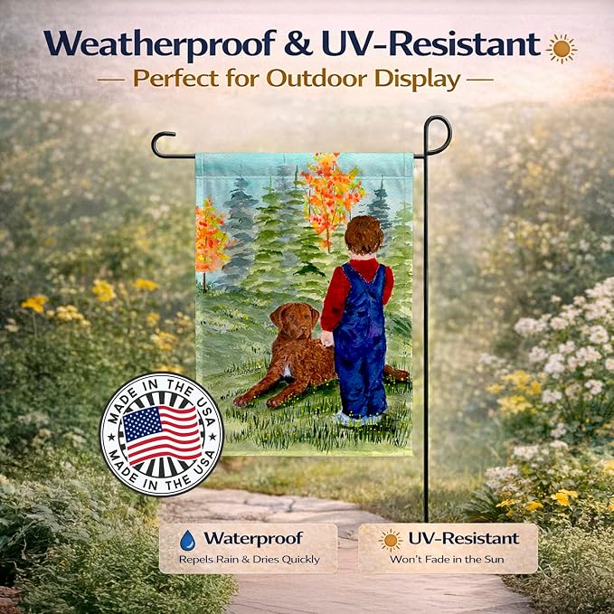 Caroline's Treasures SS8547GF Little boy with his Chesapeake Bay Retriever Garden Flag Mailbox Flag Decorative Yard Flag Banner Outside Patio Artwork Yard Flower Beds, Garden Size, Multicolor
