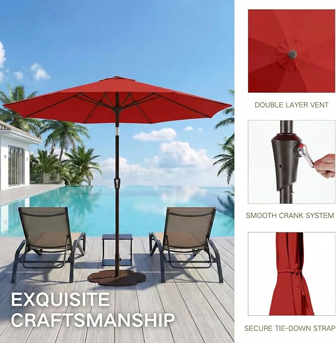 Kingdura 10FT Outdoor Patio Umbrella, Round Market Table Umbrella with Push‑Button Tilt and Crank Lift, 8 Sturdy Metal Ribs, UV50+ Protection Canopy for Backyard, Lawn, Deck, Poolside, Garden (Red)