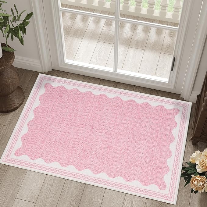 2x3 Scalloped Area Rugs Pink Washable Entryway Bedroom Rug | Solid Small Area Rug Non Slip Scalloped Bath Mat, Front Door Mat Indoor Entrance,Soft Girls Nursery Dorm Carpet for Kitchen