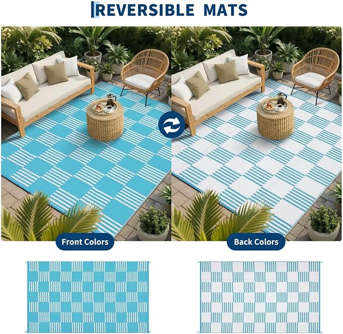Garvee Waterproof Outdoor Rug 6x9, Checkered Foldable Plastic Straw Patio Camping Rug, Outdoor RV Carpet for Deck Camper Porch Balcony Backyard Picnic Beach Blue and White