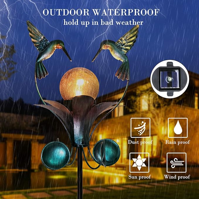Decorative Solar Outdoor Light, Hummingbird Glass Globe Stake For Lawn Yard | Solar Hummingbird Lights With Wind Spinner Design, Crackle Glass Globe, Auto On/Off For Garden, Lawn, Yard