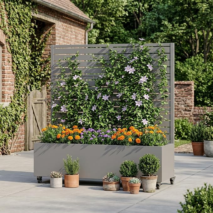 Casaphoria Metal Raised Garden Bed with Trellis and Wheels, 47"x47"x16" Planter Box for Climbing Plants, Vegetables & Vines, Features Drainage Holes and Privacy Screen (Grey-Louvered)