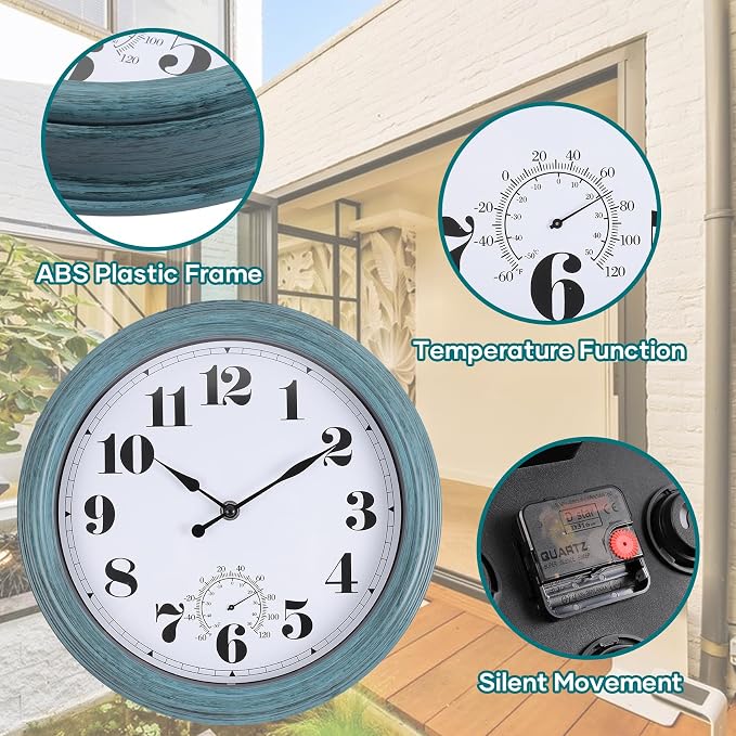 Outdoor Clock Waterproof 14 Inch Outdoor Clocks with Thermometer Combo Wall Clock Battery Operated Non-Ticking Green Clocks for Patio Pool