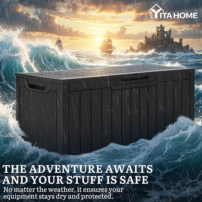 YITAHOME 100 Gallon Outdoor Storage Box, Large Water Resistant Resin Deck Box, Indoor Outdoor Lockable Storage Container for Patio, Garden, Cushions, Tools, Equipment (Black)