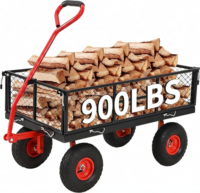 Garvee 900 LB Garden Cart, Heavy Duty Metal Utility Garden Wagon Cart. Red | 13 in All Terrain Tires, 4-in-1 Yard Wagon Cart with Removable Side Panels for Outdoor Lawn, Yard, Backyard