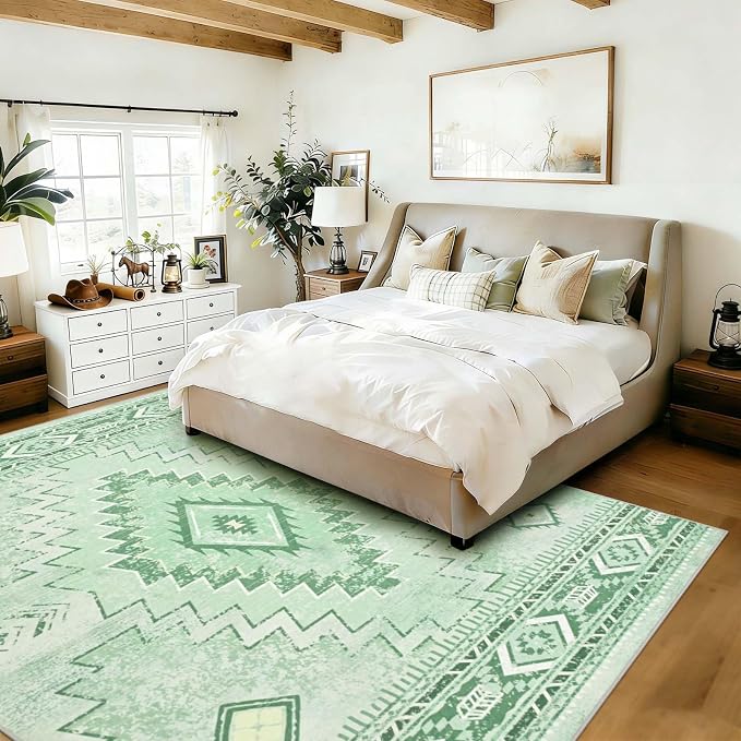 Yinhua Sage Green 8x10 Rugs for Living Room, Western Area Rug Washable | Non-Slip Southwestern Rug Low Pile, Soft Non-Shedding Boho Rugs for Dining Table Office Nursery