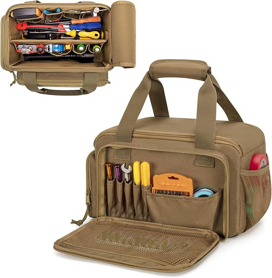 Rexmica 12-Inch Tool Bag with Anti-friction Bottom, Hand Tool Storage Organizer Bag for Men, Tactical Range Bag, Multi-purpose Work Tote for Repairman, Electrician, Carpenters, Handyman, Khaki