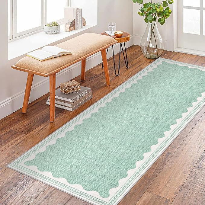 2.5x8 Scalloped Runners Green Washable Hallways Bedroom Rug | Solid Non Slip Scalloped Bath Runner, Rugs for Bedroom Girls, Rugs for Kitchen Floor Soft Dorm Nursery Carpet for Bedside