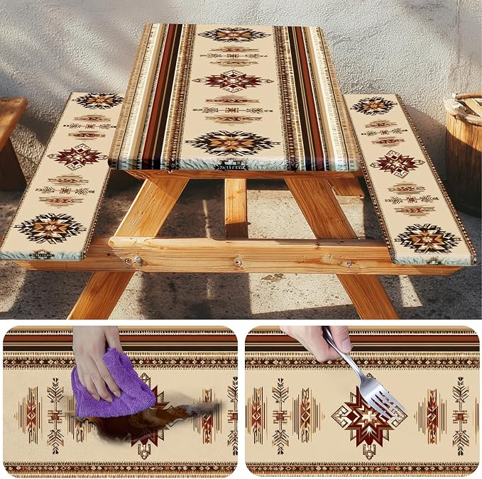 Picnic Table Cover with Bench Covers Elastic Edges, Outdoor Patio Camping Essentials 72 Inch 3PCS, Waterproof Camping Fitted Tablecloth with Handbags (Boho Tribal)