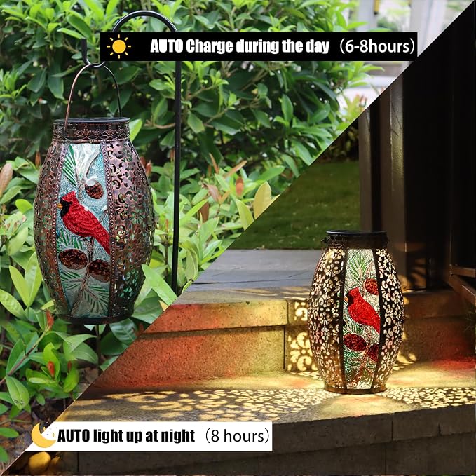 Larekook Cardinal Solar Lantern Outdoor Waterproof,13" Large Metal Hanging Christmas Decorative Lantern,Cardinals Solar Lights for Outside Yard Lawn Patio Garden Decor,Cardinal Gifts for Women Mom