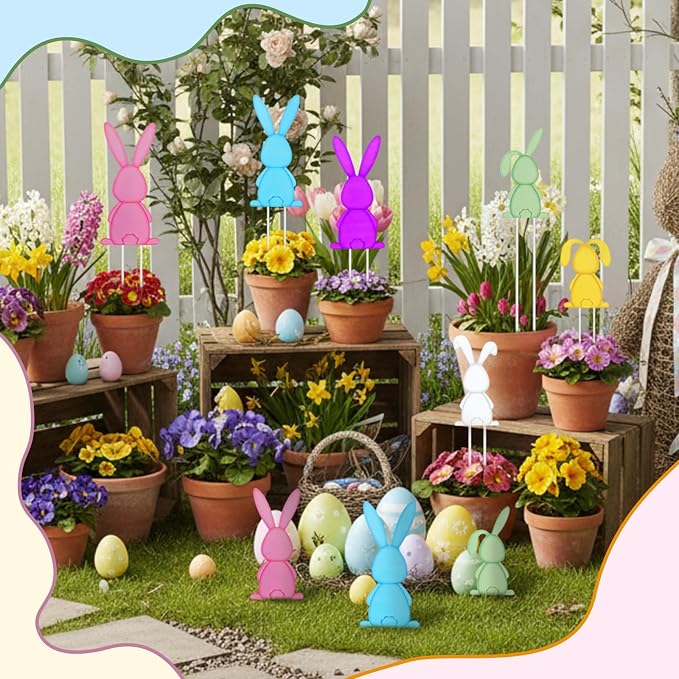 Pickmesh 6 Pcs 14'' H Easter Outdoor Decorations Easter Yard Sign Metal Bunny Yard Stake Multicolored Rabbits Barn Garden Stake for Planter Pot Spring Walkway Pathway Lawn Decor