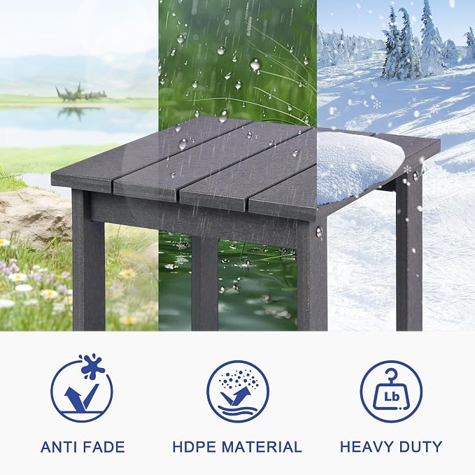 LZRS Patio Side Table, Heavy Duty HDPE Outdoor End Table with Wood Texture, Weatherproof Composite Table for Adirondack Chairs, Deck, Pool, Indoor/Outdoor, No Peeling or Cracking(Grey)