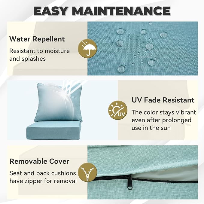 Deep Seat Patio Cushions Set, 24 x 24 Inch, Olefin Fabric, Rain-Proof & Fade Resistant, 1 Set