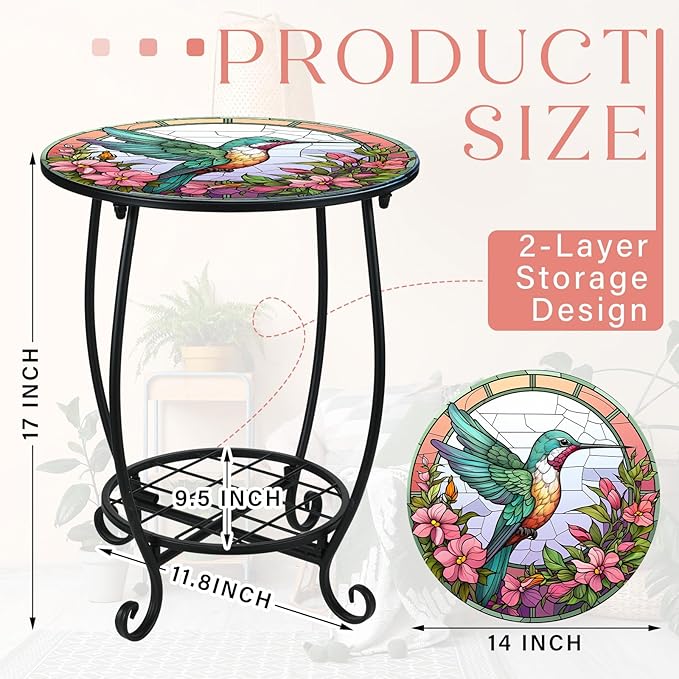 Cinnvoice Outdoor Side Table Round Small Mosaic Patio Accent Indoor End Plant Coffee Tea Table for Yard Patio Porch Garden Living Room, Bedroom(Hummingbird Style,14 Inch)