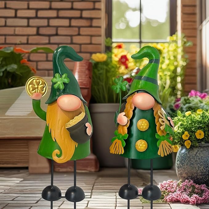 18 Inch Spring Gnomes Outdoor Decor, 2Pcs Metal Gnomes Garden Stakes, Gnome Gifts for Women Outside Decorations for Yard Home Garden Lawn Patio