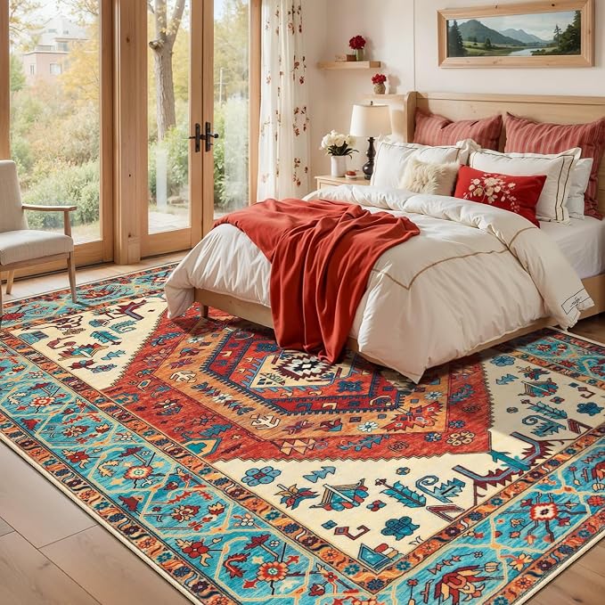 SERISSA 5x8 Washable Non Slip Boho Area Rug for Living Room，Orange | Ultra Soft Vintage Oriental Carpet Low-Pile Distressed Tribal Floor Carpet for Bedroom Dining Room Dorm Office Home Decor