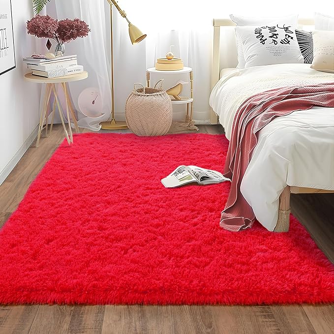 Soft Shag Rugs for Bedroom, Fluffy Washable 4x6 Red | Upgrade Non-slip, 4 x 6 Shaggy Rugs for Living Room Christmas, High Pile Fuzzy Plush Carpet Kids Room Dorm, Flame Resistant