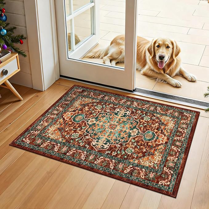 U'Artlines 2' x 3' Boho Hallway Runner Rug, Washable Carpet, Rust＆Teal | Non Slip, Vintage Farmhouse Accent Area Rug Carpet, for Kitchen Entryway Laundry and Living Room