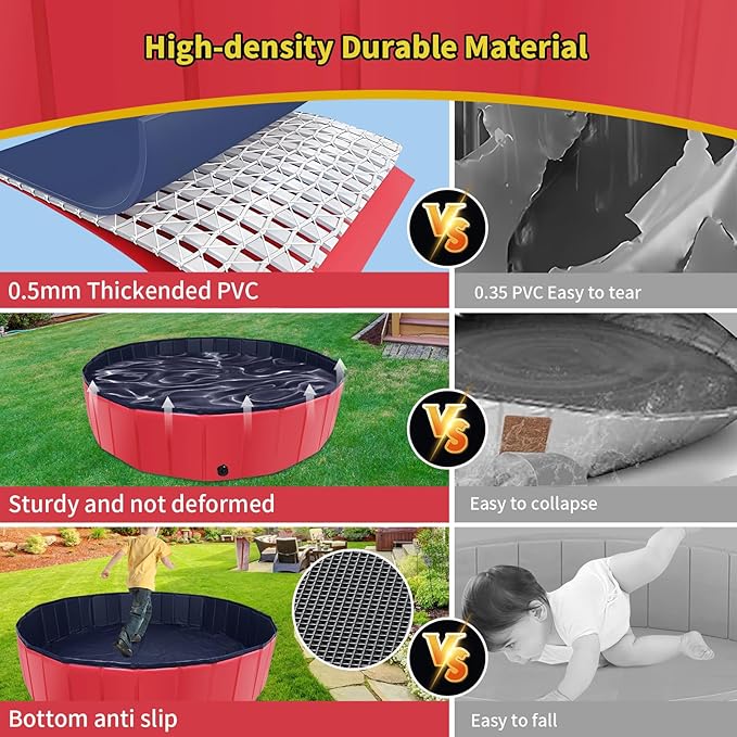 CACSPS Foldable Dog Pool, 39" x 12" Kiddie Pool with Hard Plastic, Non-Slip Dog Bath Tub for Outdoor Backyard, Collapsible Dog Swimming Pool for Kids Dogs Pets (Red)