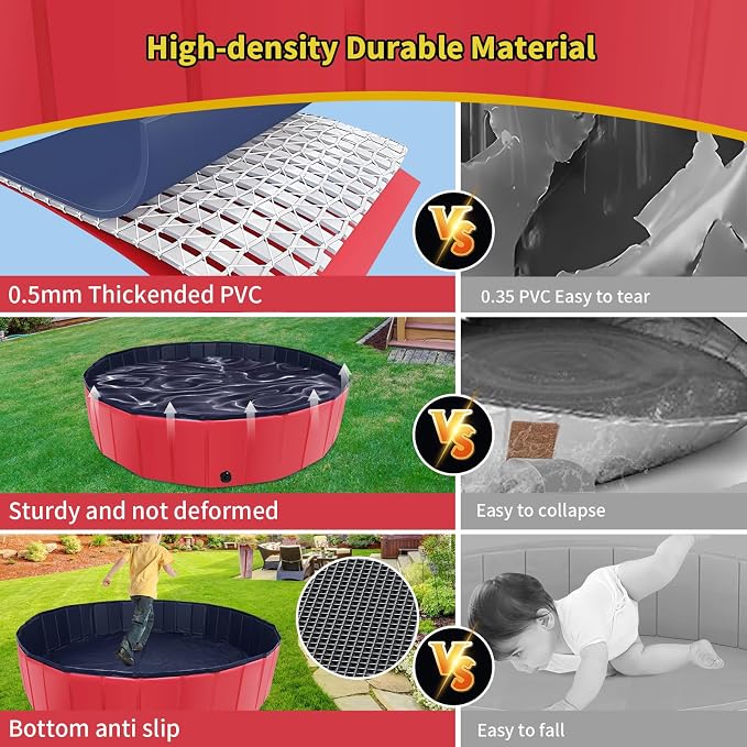 CACSPS Foldable Dog Pool, 47" x 12" Kiddie Pool with Hard Plastic, Non-Slip Dog Bath Tub for Outdoor Backyard, Collapsible Dog Swimming Pool for Kids Dogs Pets (Red)