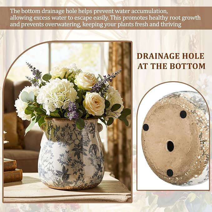 Ceramic Scroll Planter 6.5 Inch Chinoiserie Floral Vase with Drainage Holes Vintage Flower Vase Flower Pot Rustic Ceramic Pots for Indoor Plants Garden Home Bookshelf Decor(Retro Gray)