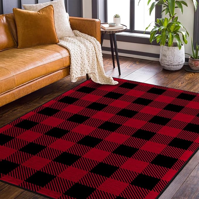 Red Black Buffalo Plaid Rug 6' x 9' Buffalo Check Rugs Carpet Living Room | Christmas Halloween Area Rugs for Bedroom Dining Room, Machine Washable, Non Slip