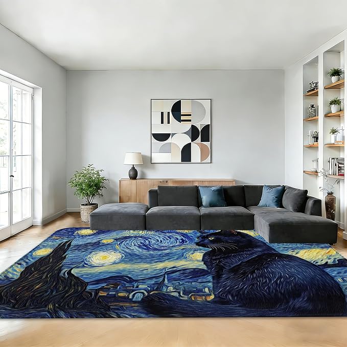 Cat Starry Night 5x7 Area Rug,Abstract Van Gogh Washable Carpet Non Slip Mat Low Pile Large Rugs for Living Room,Bedroom,Farmhouse,Dining Room,Kids Playroom,Kitchen Indoor