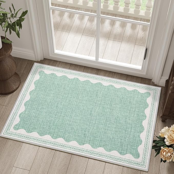 2x3 Scalloped Area Rugs Green Washable Entryway Bedroom Rug | Solid Small Area Rug Non Slip Scalloped Bath Mat, Front Door Mat Indoor Entrance,Soft Girls Nursery Dorm Carpet for Kitchen