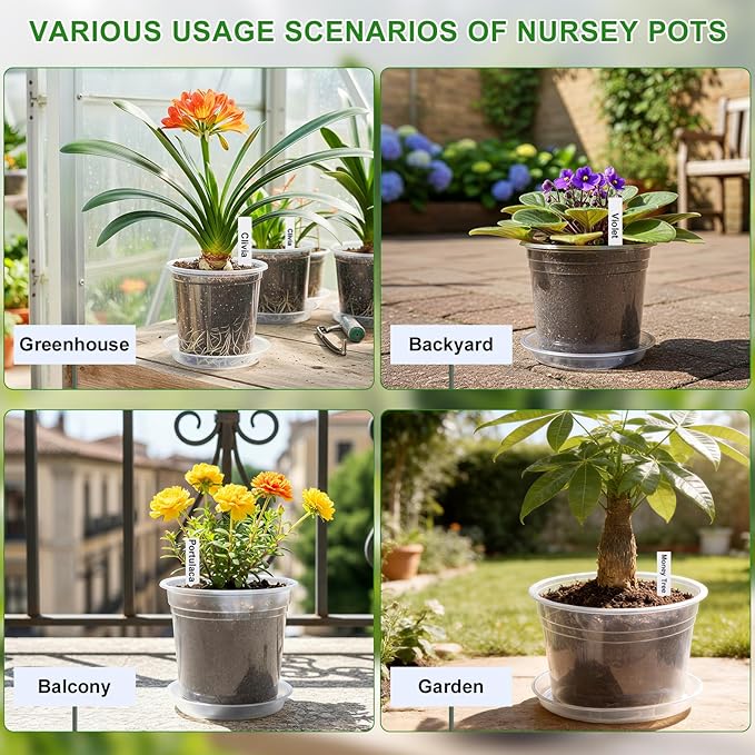 5/6/7/10 Inch Clear Nursery Pots with Drainage & Saucers 20PCS , Plant Large Pots with Labels, Seedling Tool & Hole Puncher, Plastic Nursery Pots for Succulents, Seedings, Herbs, Flowers, Vegetables