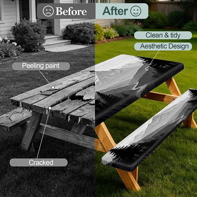 Picnic Table Cover with Bench Covers Camping Essentials Waterproof Windproof Camping Tablecloth with Drawstring Bag, Fitted Rectangle Tables and Seats, 72in, Black White Forest
