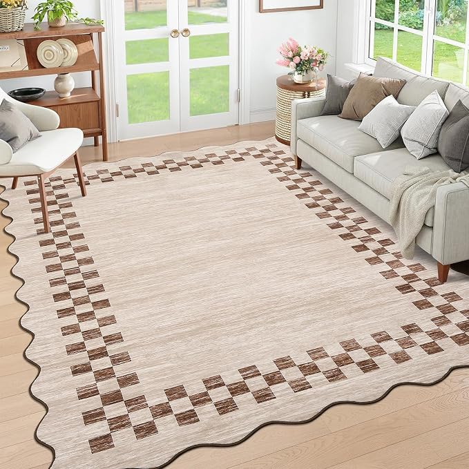 GarveeHome 4x6 Area Rug Small Washable Living Room Carpet Scalloped Rug | with Rubber Backing Stain Resistant Low Pile Dining Room Throw Carpet Modern Bordered Mat for Bedroom Kitchen, Beige