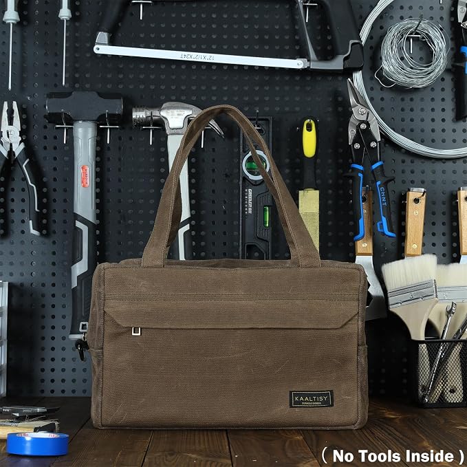 Tool Storage Bag | 16OZ Waxed Canvas Tool Tote Bag with Convenient Handle & Smooth Zipper - for Wrench Set Hammer Pliers, Multi-Purpose Gardening Carrier Bag with 6 Pockets | Grey | Small