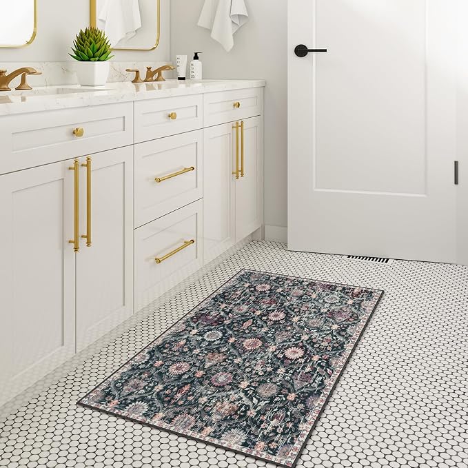 Lahome Kitchen Rugs Non Slip Washable Rugs for Entryway, Black 2x4 Rug | Non-Slip Moroccan Trellis Ultra-Thin Indoor Door Mat Small Carpet for Bathroom Bedroom Entry Elise, Black/Multi