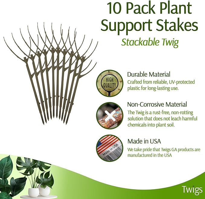Twigs GA Stackable Plant Support Stakes, Moonstone, 10-Pack, 17" L | Made in USA, UV-Protected Sticks, Natural-Looking Stem Support Stakes, Stackable Poles for Indoor & Outdoor Plants up to 5ft