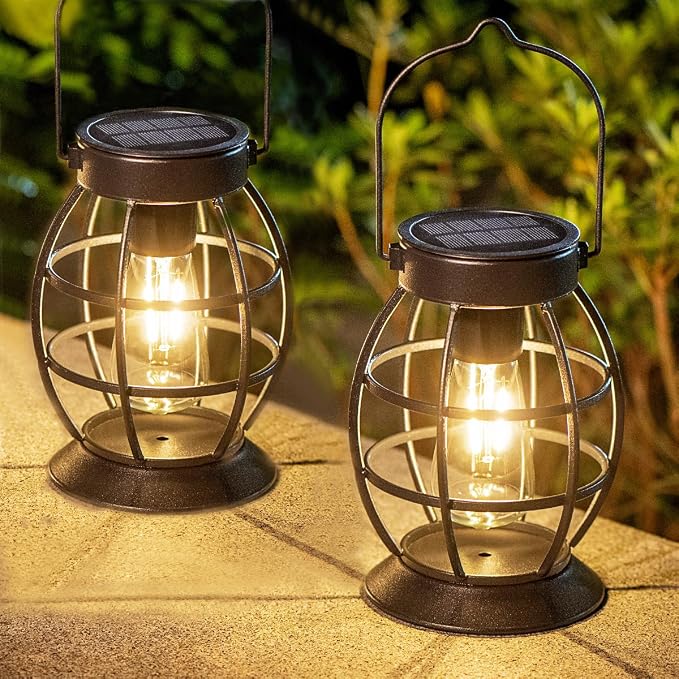 LeiDrail Solar Lanterns Outdoor 4 Pack, Hanging Waterproof Metal Lantern Dual LED Warm White, Auto On/Off Garden Patio Yard Porch Pathway Table Decor, Solar Powered Gift for Women