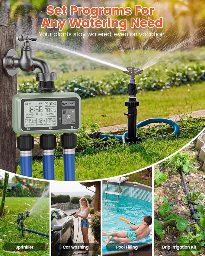 Sprinkler Timer 3 Zone Water Timer for Garden Hose Programmable Outdoor Hose Faucet Controller with Rain Delay Manual and Automatic Irrigation Controller System Low Battery Warning for Lawn Yard
