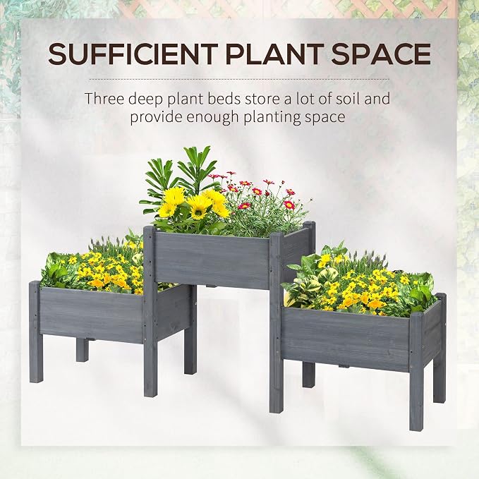 Outsunny Raised Garden Bed with 3 Planter Box, Elevated Wooden Plant Stand with Drainage Holes, for Vegetables, Herb and Flowers, Gray