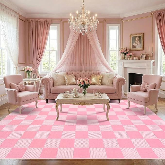 GarveeHome Checkered Pink 9x12 Area Rug for Living Room Bedroom | Large Washable Girls Rug for Bedroom Dinning Room Nursery Non-Slip Soft Stain Resistant Geometric Rugs TPE Backing