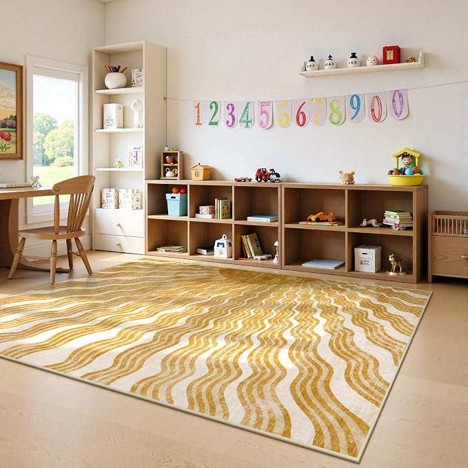 Hedlive Boho 8x10 Area Rugs, Sun Print Soft Washable Rugs 8x10 Rug for Living Room Nursery, Ultra-Thin Non-Slip Kids Rug Large Carpet for Playroom Bedroom Classroom(8x10ft,Gold/Multi)