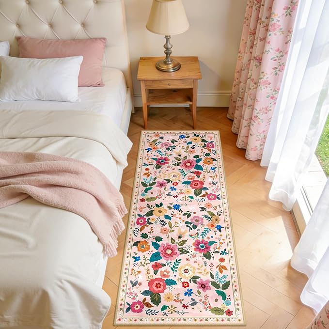 Floral Washable 2x5 Area Rugs Runner Entryway Hallway Pink | Flower Carpet, Print, Boho, Non-Slip, Easy to Clean, Low Pile, Soft, for Living Room Bedroom Kitchen Office Entrance